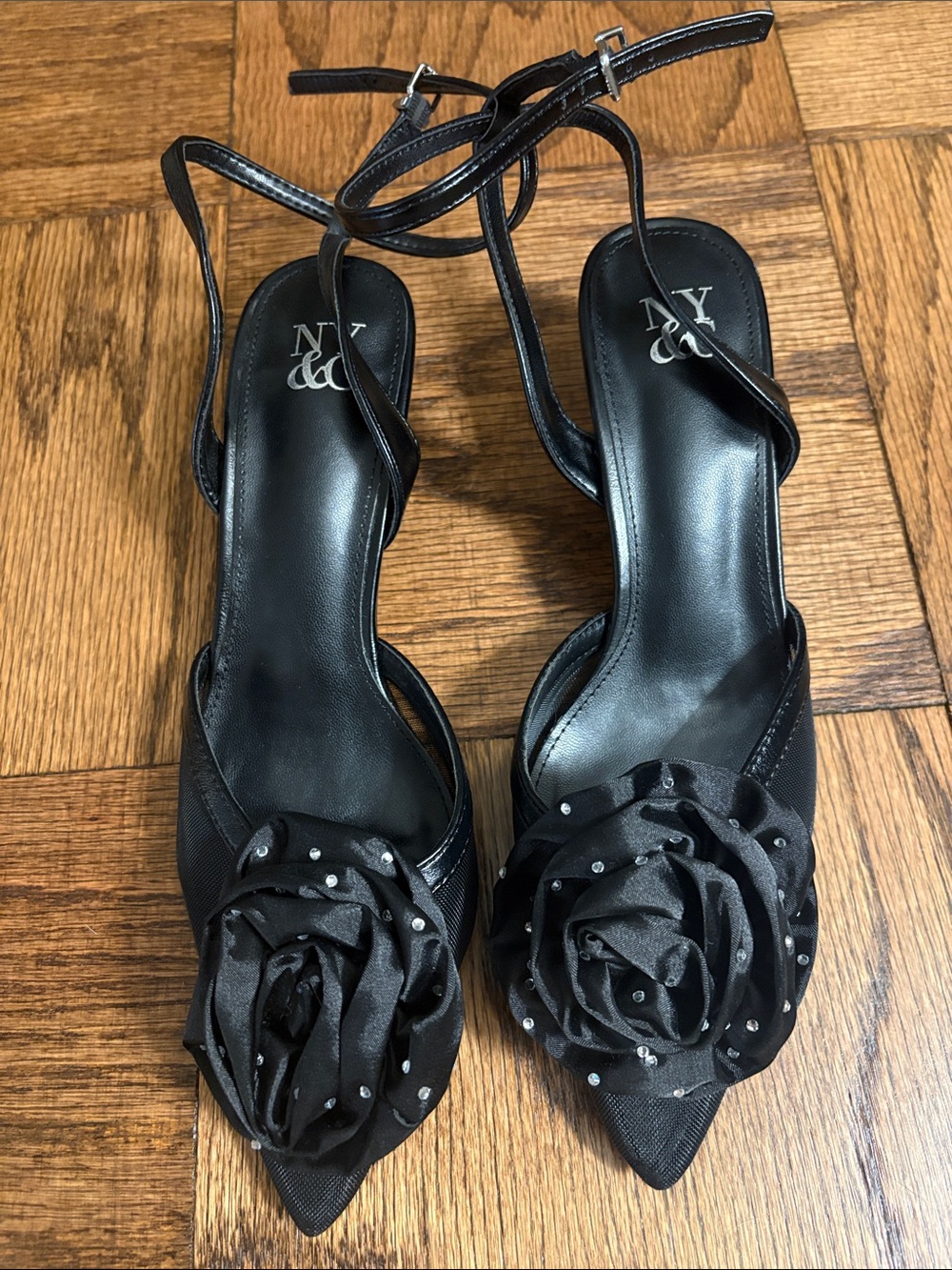 New York & Company Black Floral Rosette Pointed Toe Ankle Strap Heels